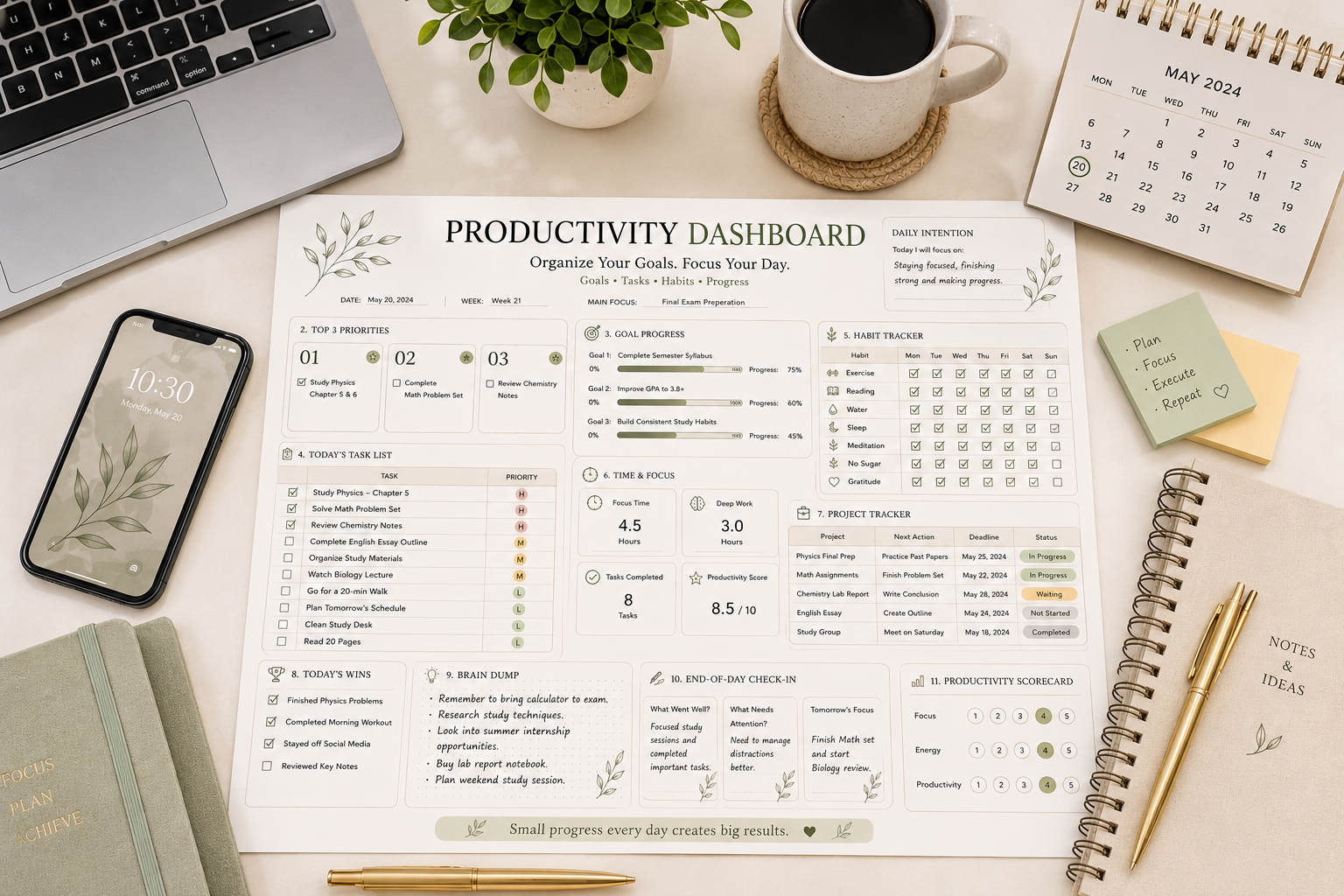 Productivity Dashboard Printable PDF featuring top three priorities, goal progress bars, daily task tracker, weekly habit tracker, focus time, project tracker, productivity scorecard, brain dump, daily wins, and end-of-day review in an elegant minimalist design.
