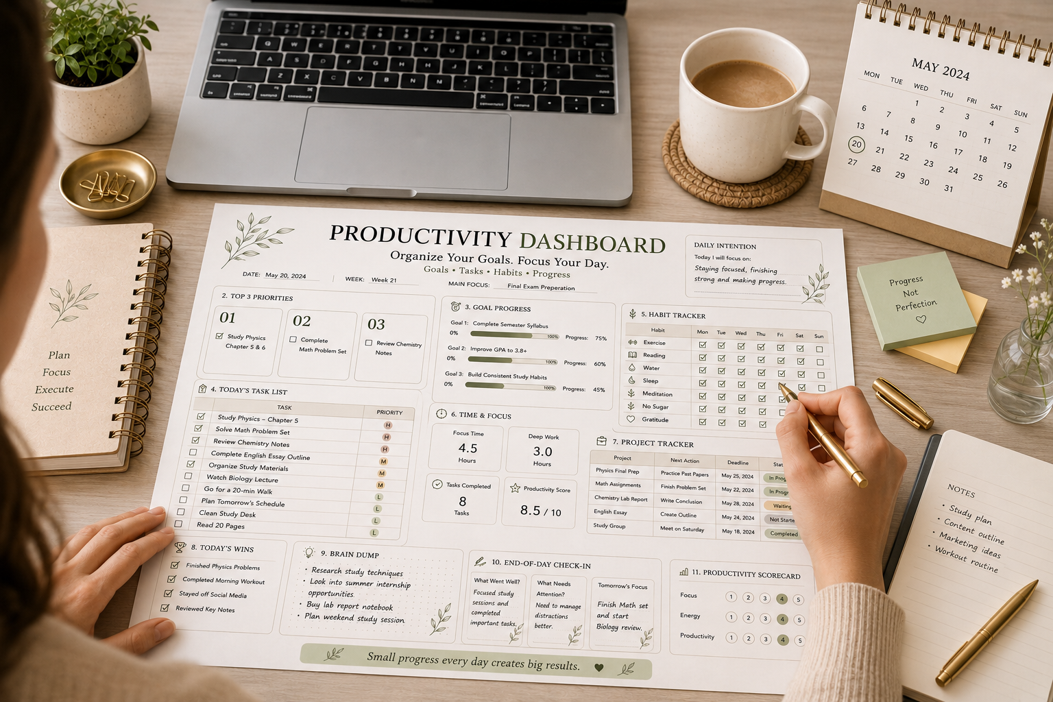 Productivity Dashboard Printable PDF featuring top three priorities, goal progress bars, daily task tracker, weekly habit tracker, focus time, project tracker, productivity scorecard, brain dump, daily wins, and end-of-day review in an elegant minimalist design.