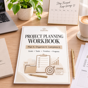 Project Planning Workbook Printable PDF featuring project goals, scope, milestones, timeline, task planner, action plan, deadlines, resources, budget, risk tracker, progress tracking, completion checklist, and project review in an elegant minimalist design.