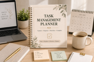 Task Management Planner Printable featuring a master task list, priority tracker, urgent and important matrix, daily and weekly task planning, deadline tracker, recurring tasks, follow-ups, delegation, progress tracking, completed tasks, and weekly review.