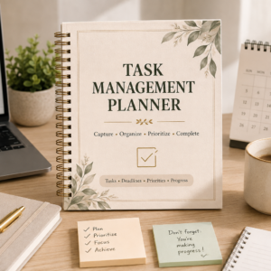 Task Management Planner Printable featuring a master task list, priority tracker, urgent and important matrix, daily and weekly task planning, deadline tracker, recurring tasks, follow-ups, delegation, progress tracking, completed tasks, and weekly review.