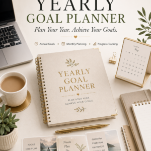 Yearly Goal Planner Printable PDF featuring annual goal setting, yearly vision planning, quarterly and monthly goals, action plans, deadline tracking, progress trackers, habit tracking, quarterly reviews, and year-end reflection in an elegant minimalist design.