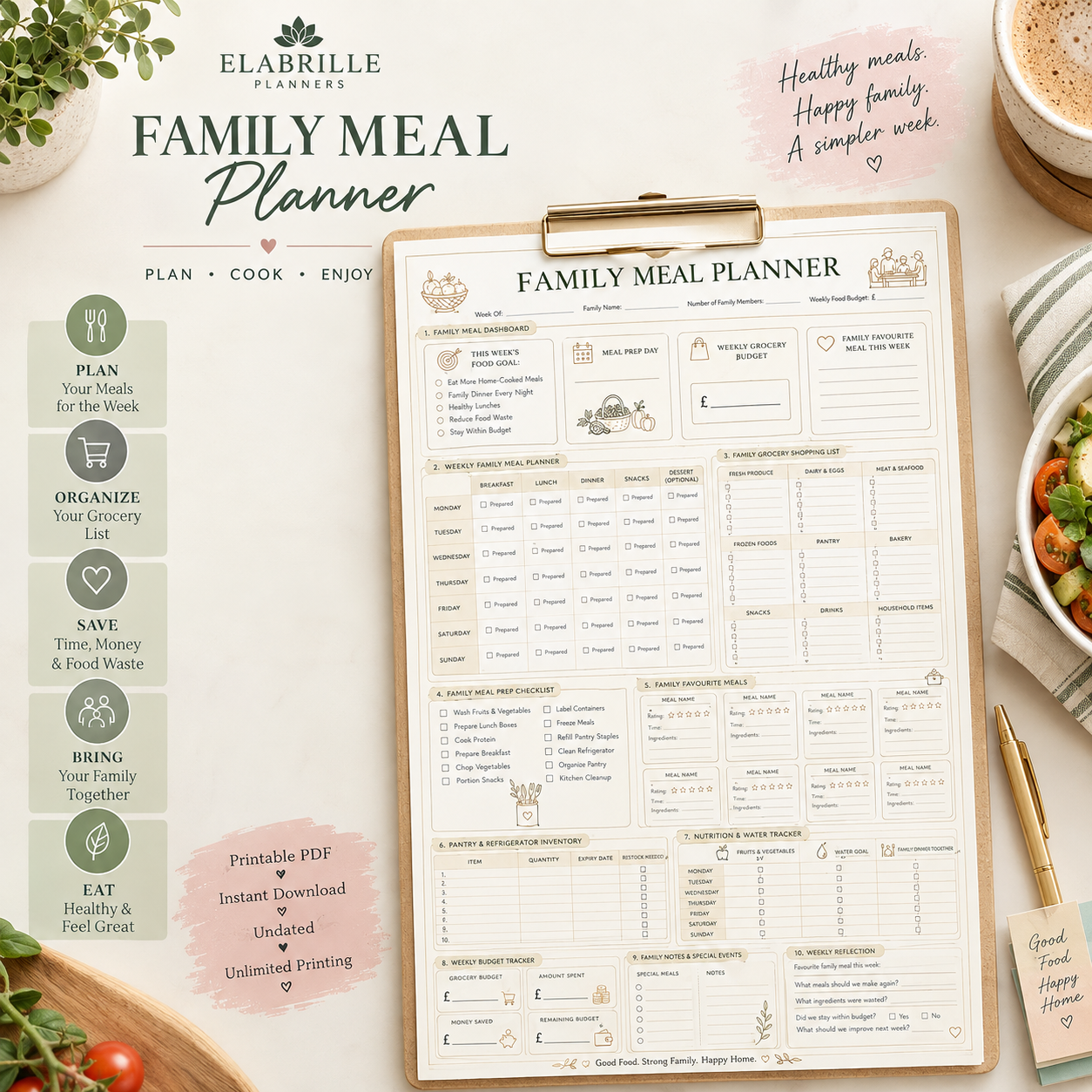 Family Meal Planner Printable | Weekly Family Menu, Grocery List & Meal Planning PDF