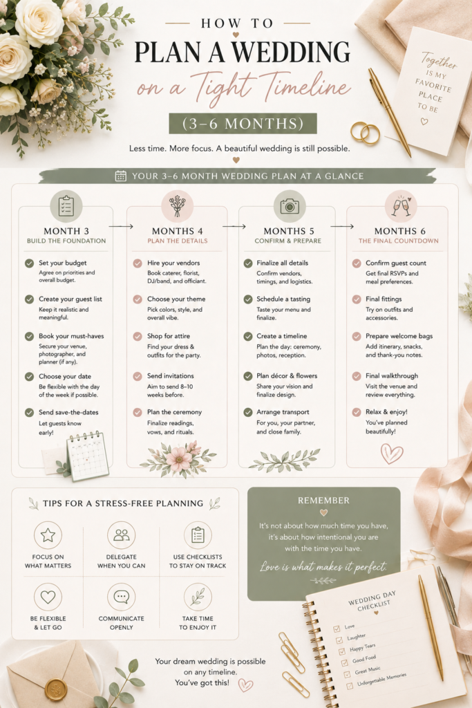 short engagement wedding planning, quick wedding planning timeline, planning a wedding fast, condensed wedding checklist, wedding planning short notice