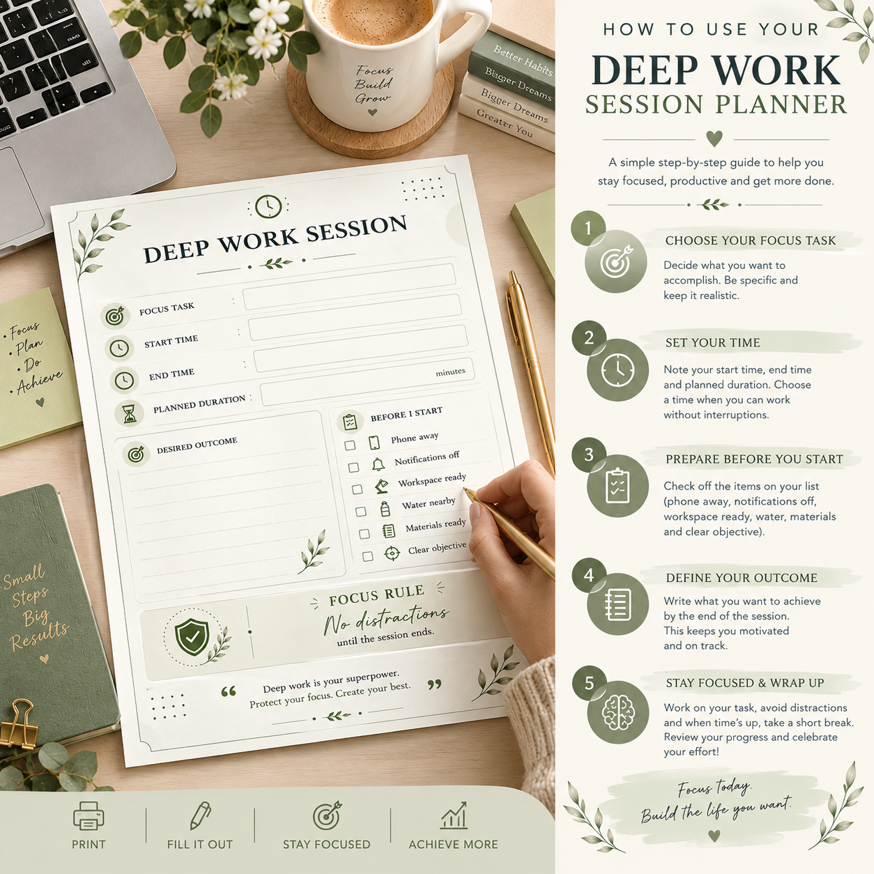 Deep Work Session Planner – Focus & Productivity Worksheet