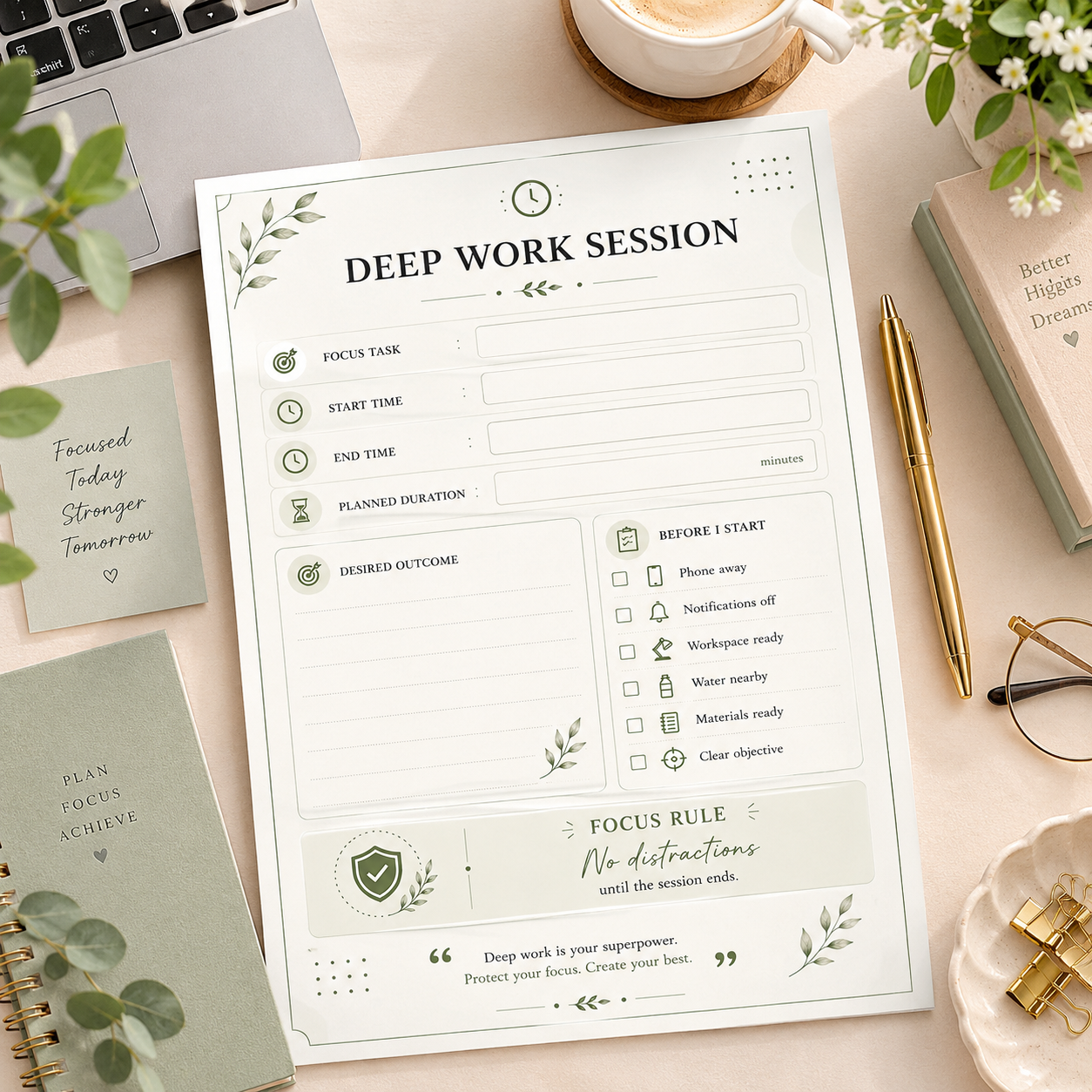 Deep Work Session Planner – Focus & Productivity Worksheet