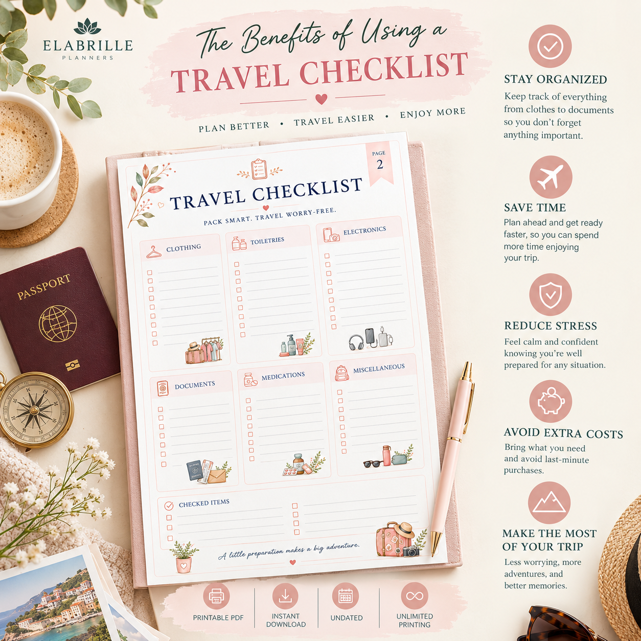 Printable Travel Checklist | Packing List & Vacation Preparation Sheet (PDF)